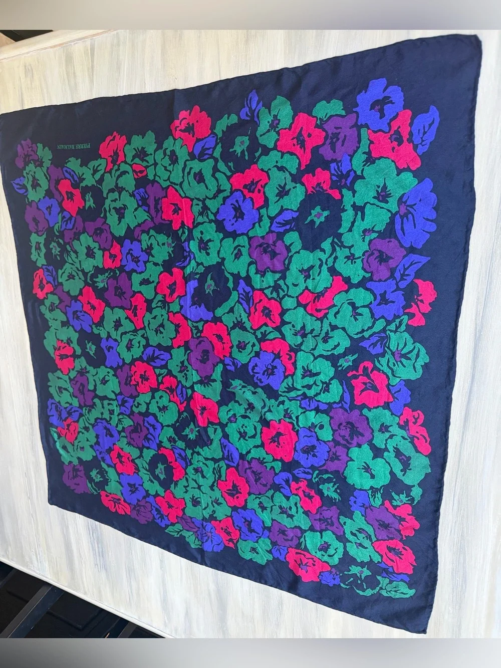 Balmain Navy Floral Silk Scarf Cottagecore Green Purple Pink Blooms